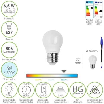 Ampoule LED sphérique à filetage E27. 6.5 watts. Équivalent à 55 watts. 806 Lumens. Lumière froide 6500º K.