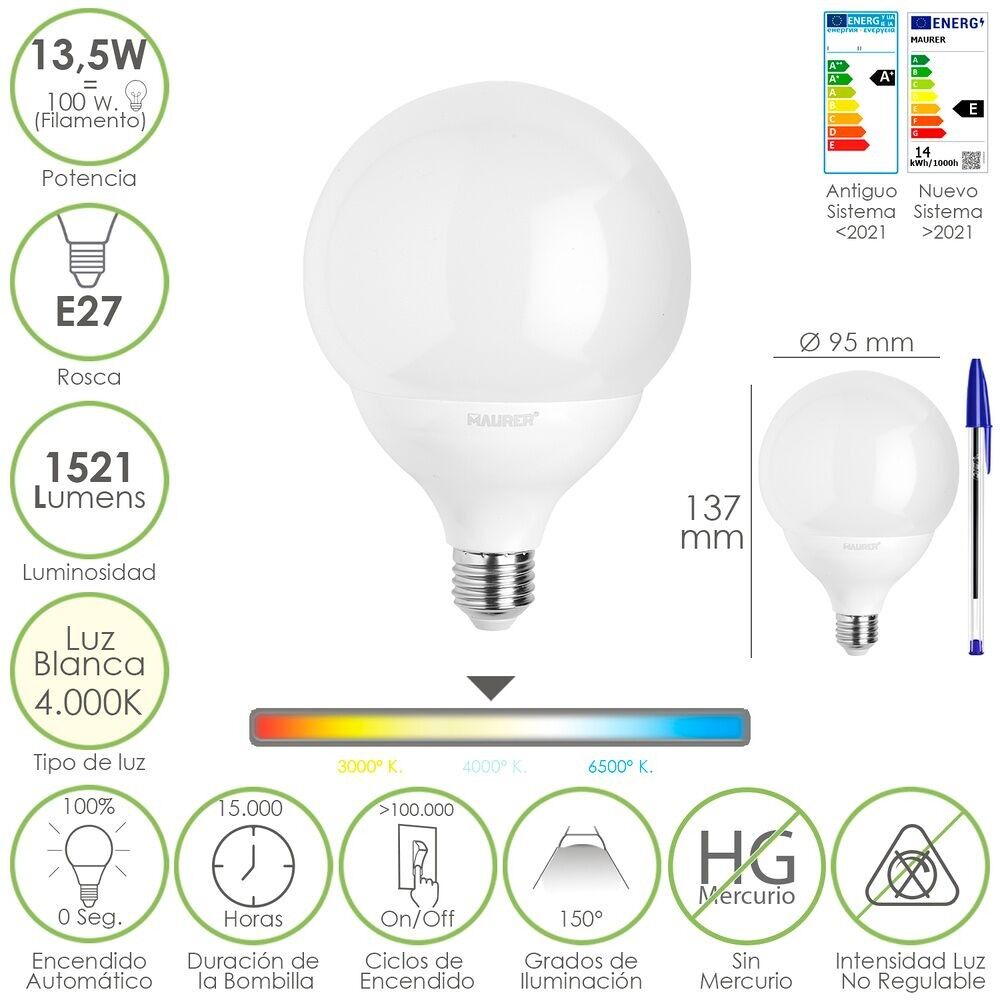 E27 Globe Sphere Led Bulb.  13.5 Watt.  Equivalent to 100 Watt.  1521 Lumens.  Neutral Light 4000º K.