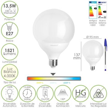 Ampoule LED E27 Globe Sphère. 13,5 watts. Équivalent à 100 watts. 1521 Lumens. Lumière neutre 4000º K.