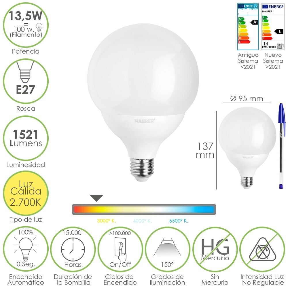 E27 Globe Sphere Led Bulb.  13.5 Watt.  Equivalent to 100 Watt.  1521 Lumens.  Warm Light 3000º K.