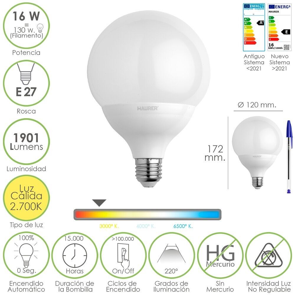 Globe Led Bulb E27 Thread.  16 Watts.  Equivalent to 130 Watt.  1901 Lumens.  Warm Light (2700º K.) 