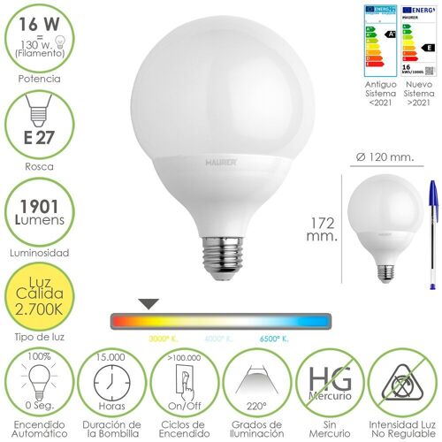 Bombilla Led Globo Rosca E27. 16 Watt. Equivale A 130 Watt. 1901 Lumenes. Luz Cálida (2700º  K.)