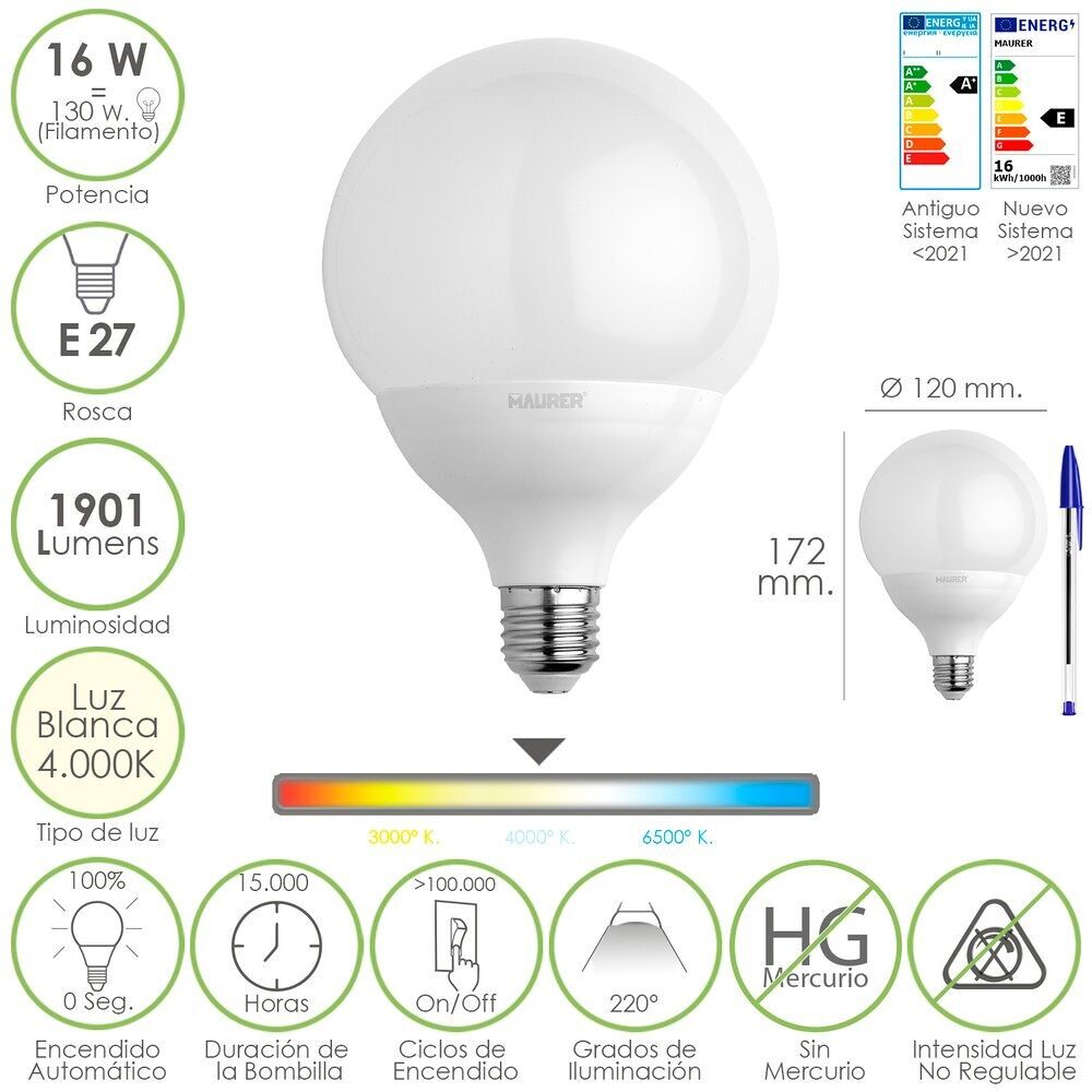 Globe Led Bulb E27 Thread.  16 Watts.  Equivalent to 130 Watt.  1901 Lumens.  White Light (4000º K.) 