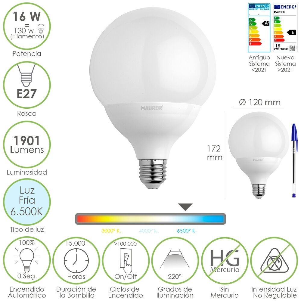 Lampadina Led Globo Filettatura E27.  16 Watt.  Equivalente a 130 Watt.  1901 lumen.  Luce fredda 6500º K.