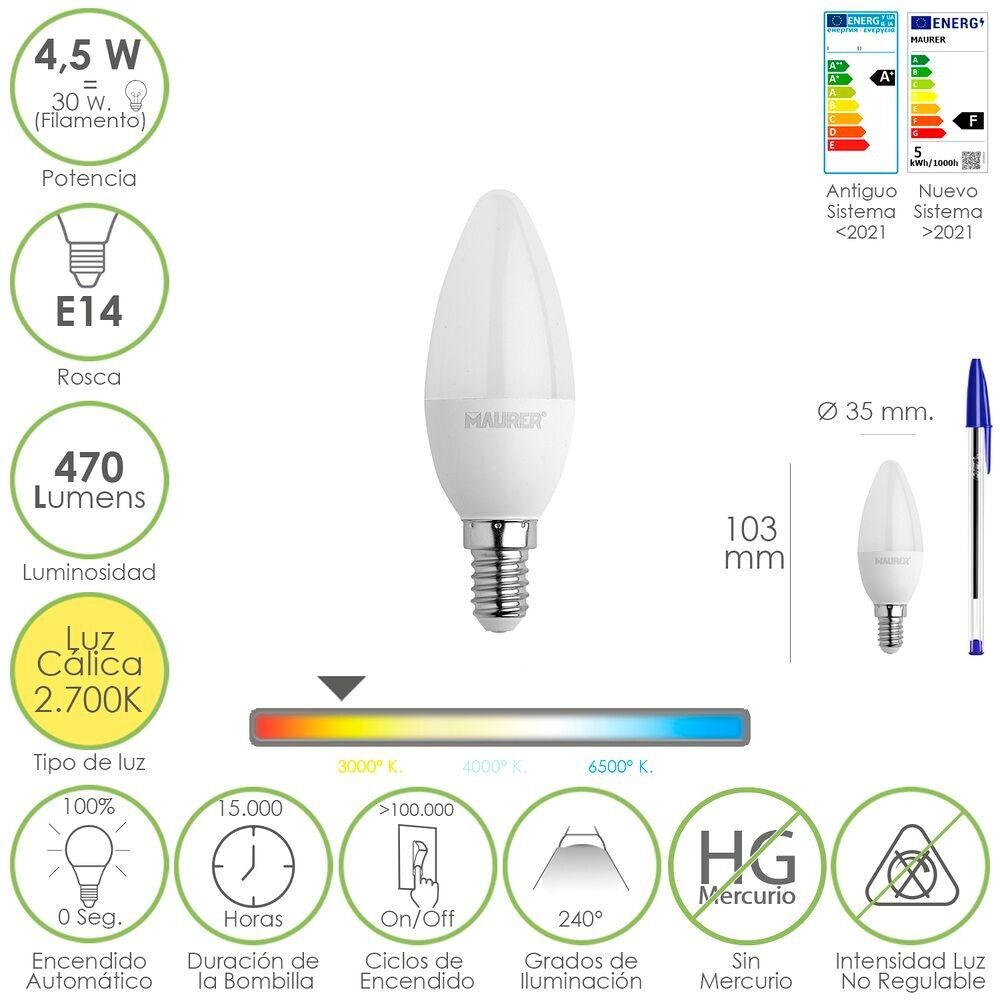 Lampadina a candela a led con filettatura E14.  4, 5 Watt.  Equivalente a 35 Watt.  470 lumen. Luce calda (2700º K)
