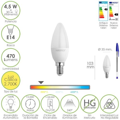 Bombilla Led Vela Rosca E14. 4, 5 Watt. Equivale A 35 Watt. 470 Lumenes. Luz Cálida (2700º  K)