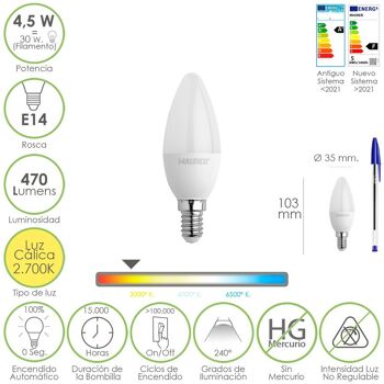 Ampoule bougie LED filetage E14. 4, 5 watts. Équivalent à 35 watts. 470 Lumens. Lumière chaude (2700º K)