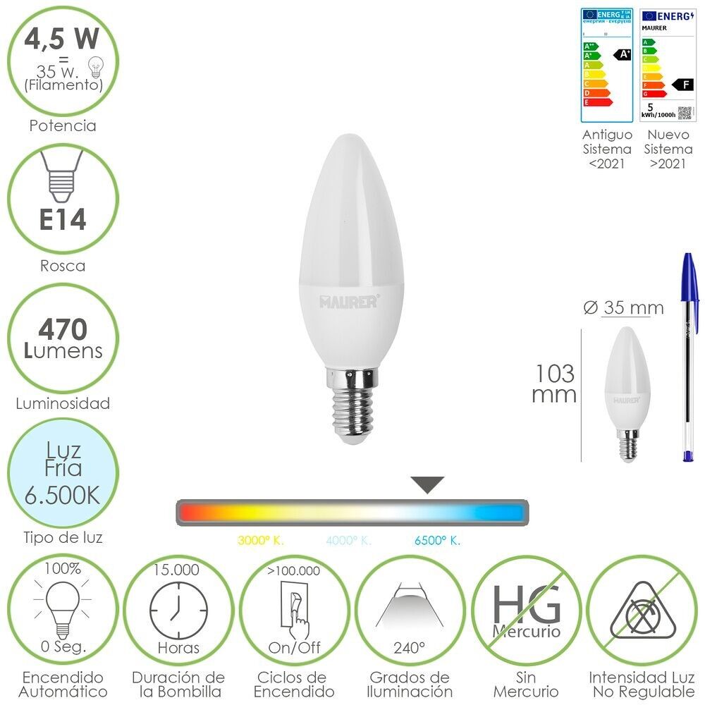 Lampadina a candela a led con filettatura E14.  4, 5 Watt.  Equivalente a 35 Watt.  470 lumen.  Luce Fira (6500º K.) 