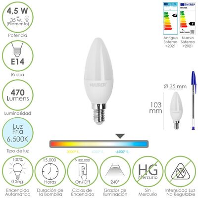 Bombilla Led Vela Rosca E14. 4, 5 Watt. Equivale A 35 Watt. 470 Lumenes. Luz Fira (6500º  K.)