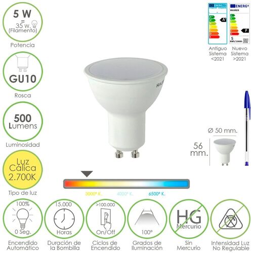 Bombilla Led Dicroica Rosca GU10. 5 Watt. Equivale A 30 Watt. 500 Lumenes. Luz Cálida (2700º  K)