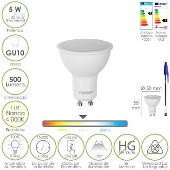 Ampoule LED dichroïque à filetage GU10. 5 watts. Équivalent à 35 watts. 500 Lumens. Lumière neutre 4000º K