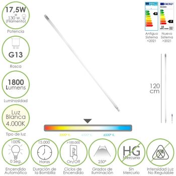 Tube Led T8 120 cm.17,5 watts. Équivalent à 130 watts. 1800 Lumens. Lumière neutre 4000º K.