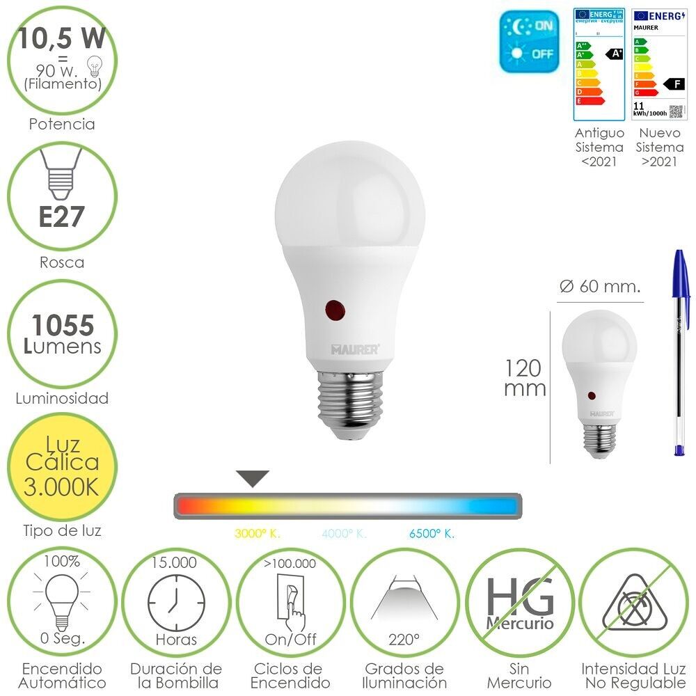 Sphere Led Bulb With Twilight Sensor.  E27 thread.  10.5 Watts.  Equivalent to 90 Watt.  1055 Lumens.  Warm Light 3000º K.