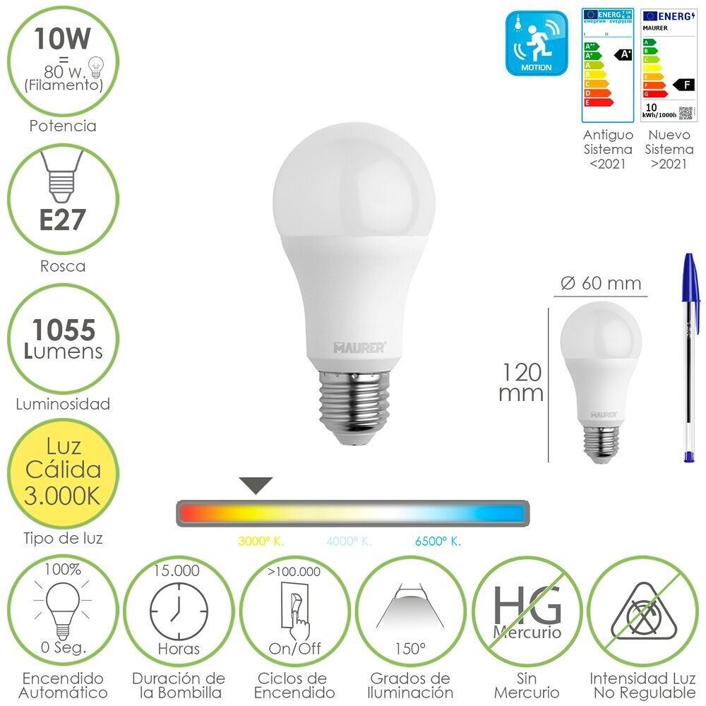 Lampadina Led a Sfera Con Sensore Di Movimento Filettatura E27.  10 Watt.  Equivalente a 80 Watt.  1055 lumen.  Luce Calda 3000ºK.