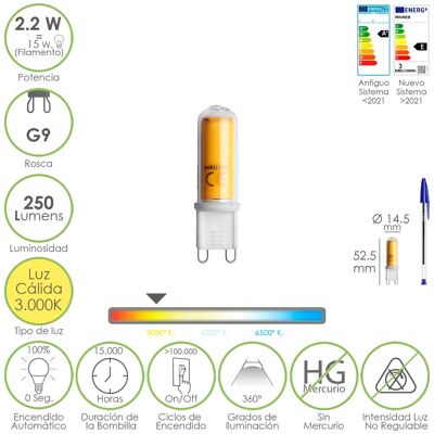 G9 Thread Led Bulb.  2.2 Watts.  Equivalent to 15 Watt.  250 Lumens.  Warm Light (3000º K.) 