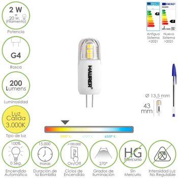 Ampoule LED dichroïque à filetage G4. 2 watts. Équivalent à 20 watts. 200 Lumens. Lumière chaude (3000º K.) 