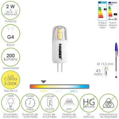 G4 Thread Dichroic Led Bulb.  2 Watts.  Equivalent to 20 Watt.  200 Lumens.  Warm Light (3000º K.) 