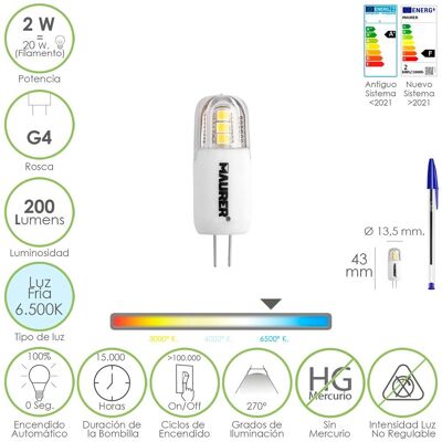 Ampoule LED dichroïque à filetage G4. 2 watts. Équivalent à 20 watts. 200 Lumens. Lumière froide (6500º K)