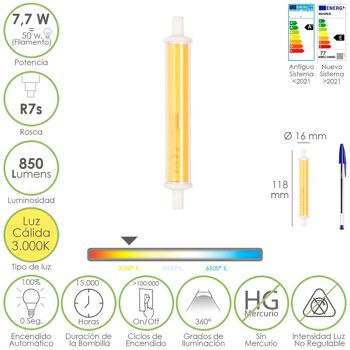 Ampoule LED pour spots à filetage R7S. 7, 7 watts. Équivalent à 50 watts. 850 Lumens. Lumière chaude (3000º K.) 