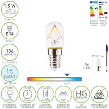 Ampoule LED pour réfrigérateur, filetage E14. 1.5 watts. Équivalent à 15 watts. 136 Lumens. Lumière froide (6500º K.) 