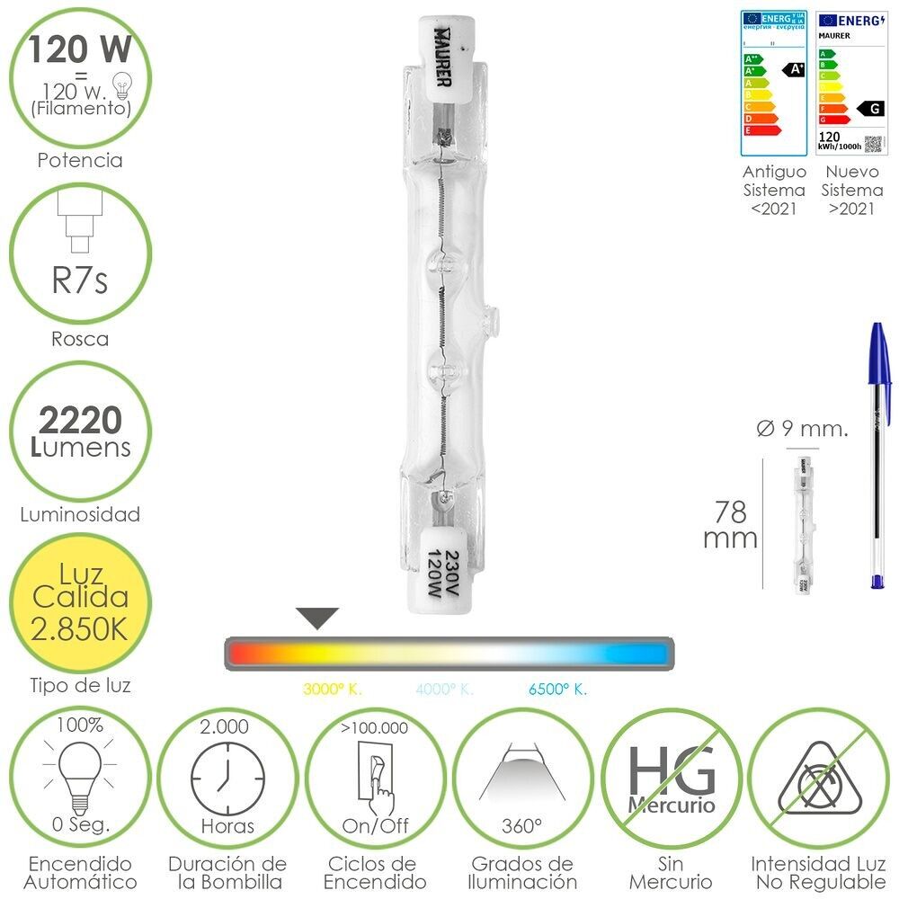 Halogenlampe für R7S-Gewindestrahler. 120 Watt. 2220 Lumen. Warmes Licht (2850º K)