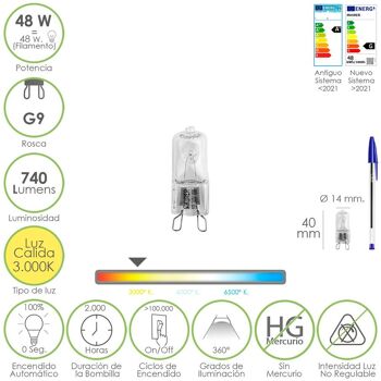 Ampoule halogène G-9. 48W. 740 lumens. Lumière chaude (3.000ºK.) 