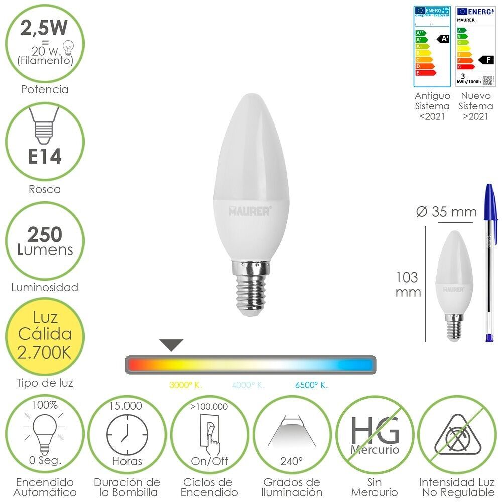 Lampadina a candela LED E14.  2,5 Watt.  Equivalente a 20 Watt.  250 lumen.  Luce Calda 2700º K.