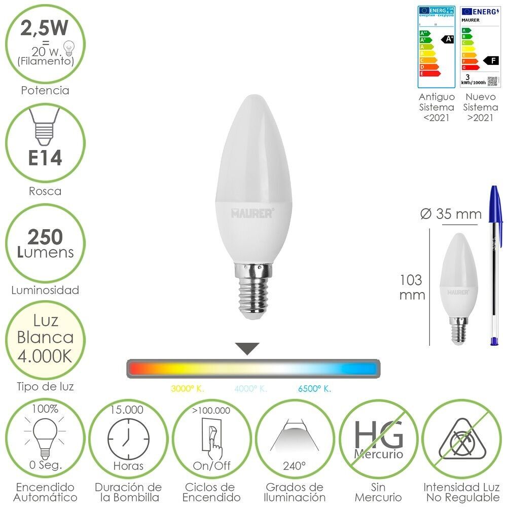 Lampadina a candela LED E14.  2,5 Watt.  Equivalente a 20 Watt.  250 lumen.  Luce neutra 4.000º K.