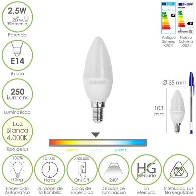 E14 Led Candle Bulb.  2.5 Watt.  Equivalent to 20 Watt.  250 Lumens.  Neutral Light 4.000º K.