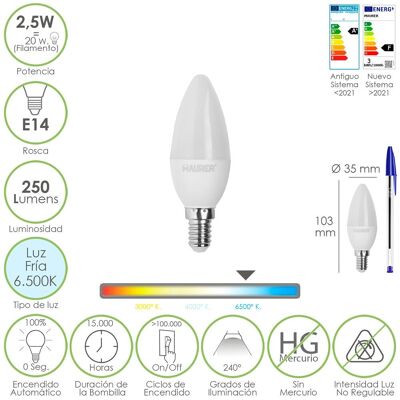 E14 Led Candle Bulb.  2.5 Watt.  Equivalent to 20 Watt.  250 Lumens.  Cold Light 6500º K.