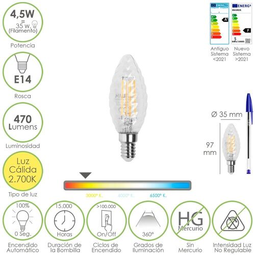 Bombilla Led Filamento Vela Twist. E14. 4, 5 Watt. Equivale A 35 Watt. 470 Lumenes. Luz Calida 2700º  K.