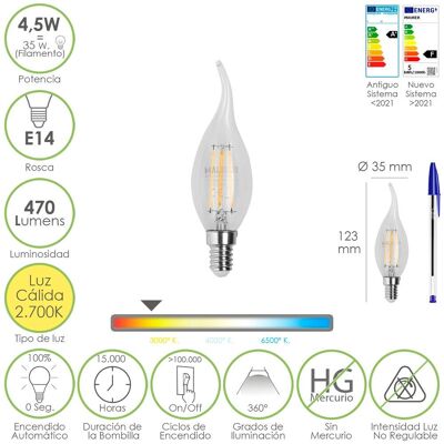 Lampadina a filamento LED a fiamma di candela E14.  4, 5 Watt.  Equivalente a 35 Watt.  470 lumen.  Luce Calda 2700º K.