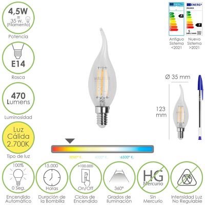 LED Filament Candle Flame Bulb E14.  4, 5 Watt.  Equivalent to 35 Watt.  470 Lumens.  Warm Light 2700º K.