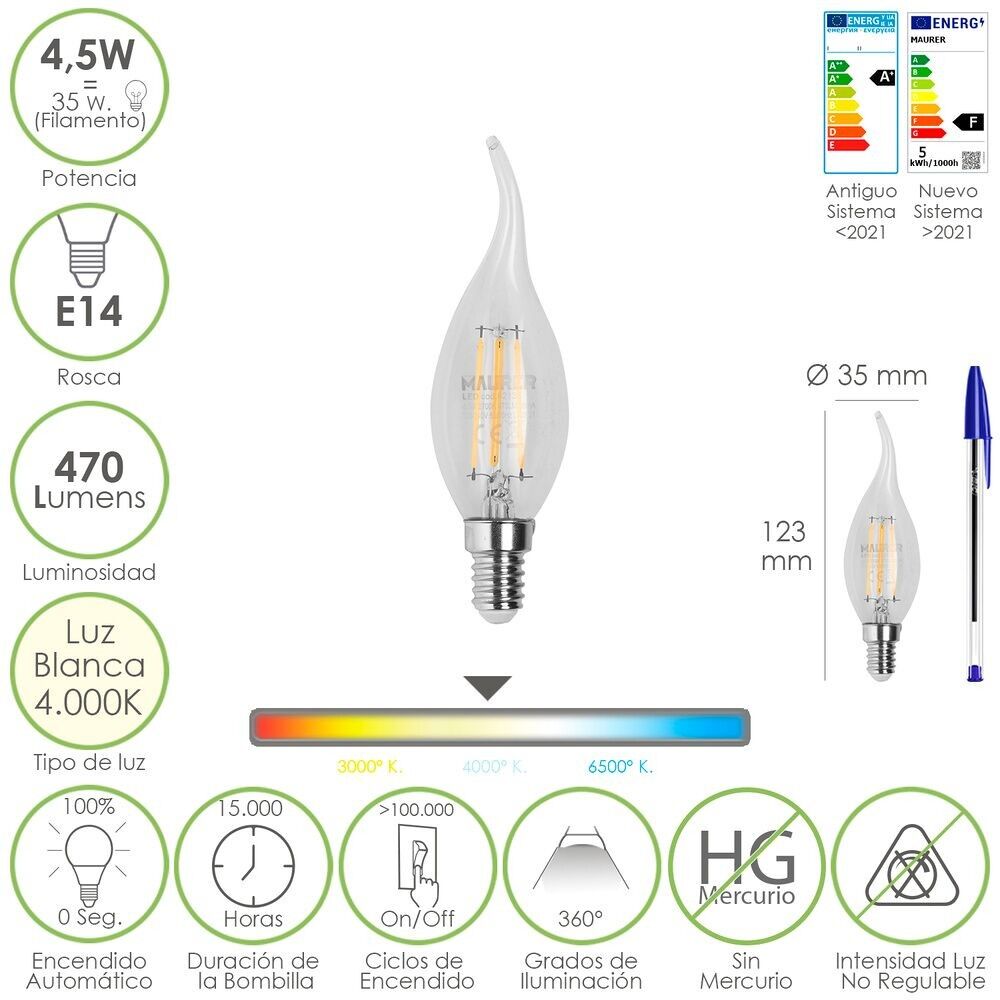 Lampadina a filamento LED a fiamma di candela E14.  4, 5 Watt.  Equivalente a 35 Watt.  470 lumen.  Luce neutra 4000º K.