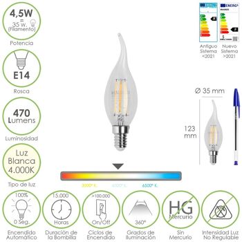 Ampoule à flamme de bougie à filament LED E14. 4, 5 watts. Équivalent à 35 watts. 470 Lumens. Lumière neutre 4000º K.