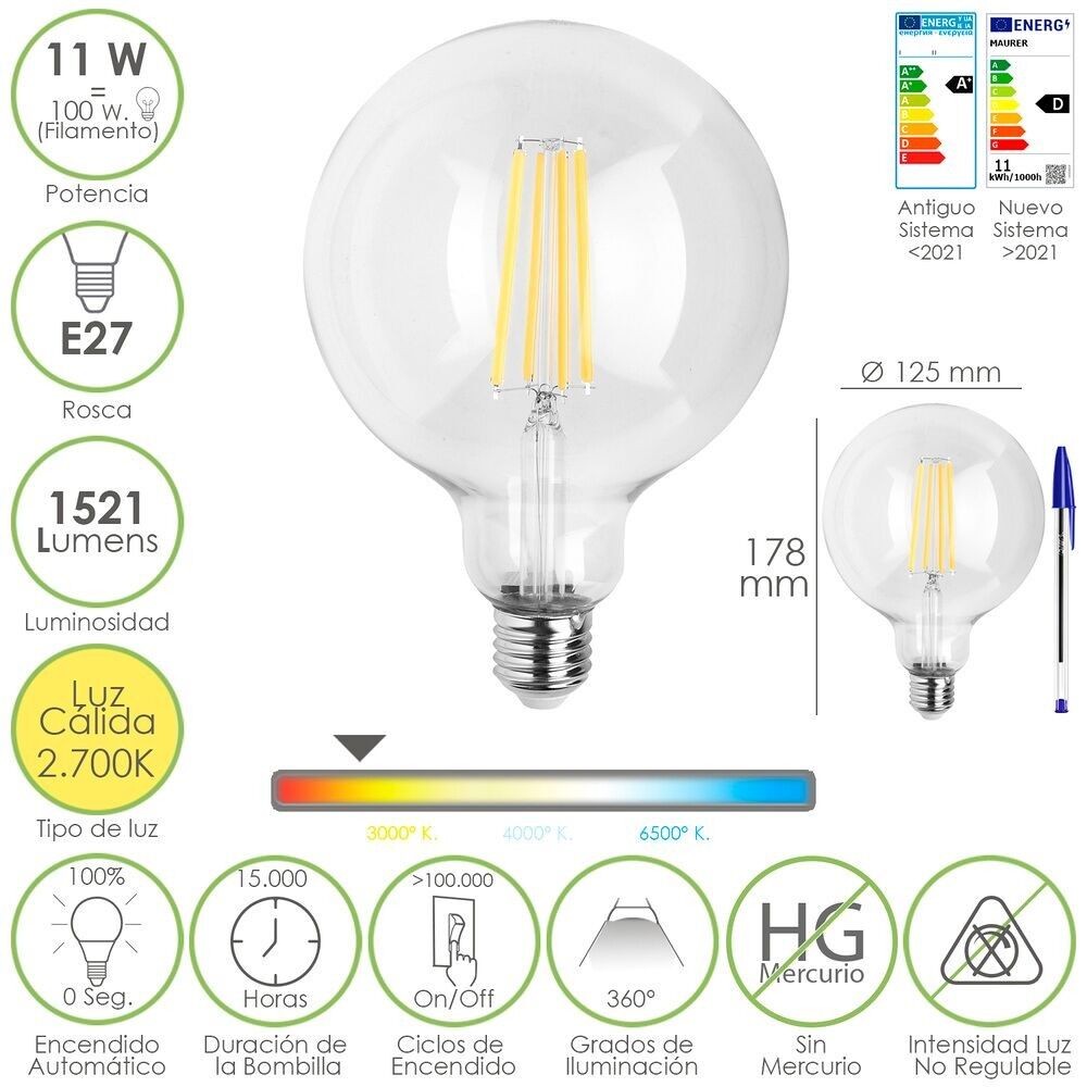 E27 Globe Filament Led Bulb.  11 Watt.  Equivalent to 100 Watt.  1521 Lumens.  Warm Light 2700º K.