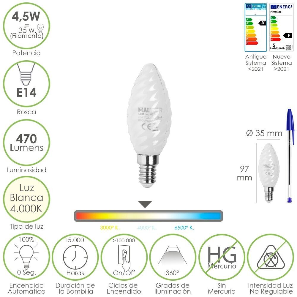 Lampadina LED a filamento di candela satinata E14.  4, 5 Watt.  Equivalente a 35 Watt.  470 lumen.  Luce neutra 4000º K.
