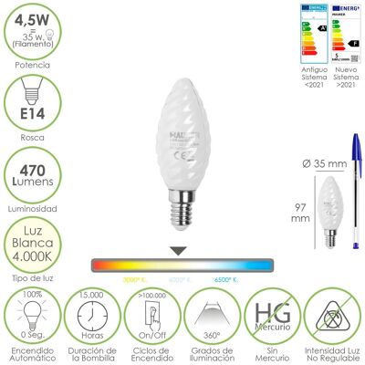 Bombilla Led Filamento Vela Esmerilada E14. 4, 5 Watt. Equivale A 35 Watt. 470 Lumenes. Luz Neutra 4000º  K.