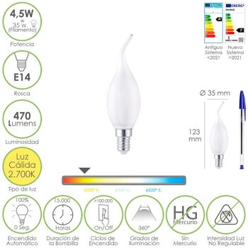 Ampoule LED à filament de bougie à flamme givrée E14. 4, 5 watts. Équivalent à 35 watts. 470 Lumens. Lumière chaude 2700º K.