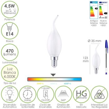 Ampoule LED à filament de bougie à flamme givrée E14. 4, 5 watts. Équivalent à 35 watts. 470 Lumens. Lumière neutre 4000º K.
