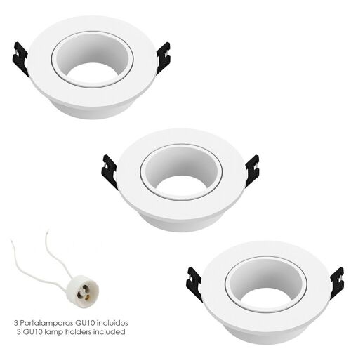 Aro Foco Empotrable Regulable Con Portalamparas Para Bombillas GU10 " 90 x 29 mm. Bombilla encastrada. Pack de 3 unidades