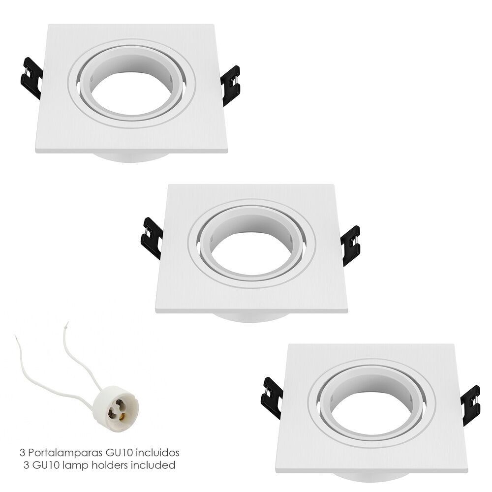 Anello Faretto Da Incasso Orientabile Con Portalampada Per Lampadine GU10.  93×93×25 mm.  Lampadina vista. Confezione da 3 unità
