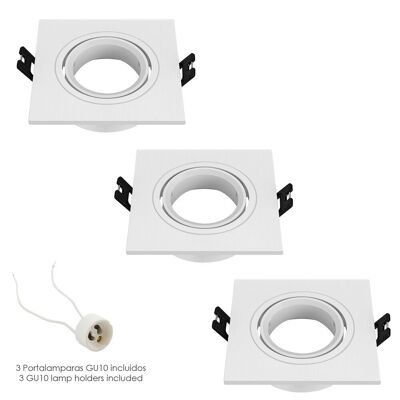 Adjustable Recessed Spotlight Ring With Lamp Holder For GU10 Bulbs.  93 x 93 x 25mm.  Light bulb seen. Pack of 3 units