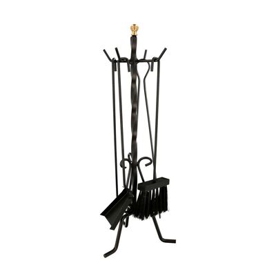Forged Pokers Set 5 Pieces 22x58 (Ht.)cm.  Support, Brush, Dustpan, Poker and Tweezers. Wrought Iron