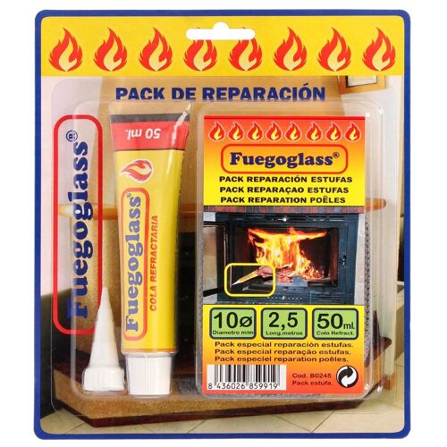 Kit Reparacion Estufas/Chimeneas,  Cola Refractaria y Cordon Fibra Vidrio 10 mm. x 2, 5 m.