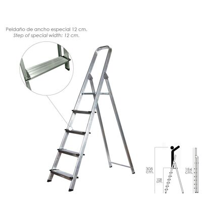 Professional Aluminum Domestic Ladder 5 Steps 12 cm Thickness.