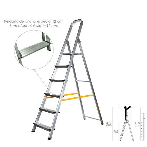 Escalera Doméstica Aluminio Profesional 6 Peldaños 12 cm Grosor.