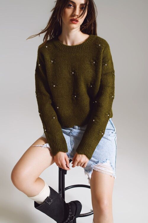 Sweater with Knitted Flowers and strass embellished in khaki