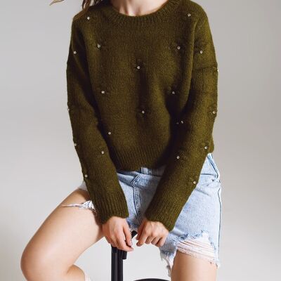 Sweater with Knitted Flowers and strass embellished in khaki