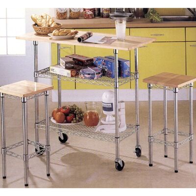 METAL/WOOD KITCHEN TABLE WITH WHEELS AND 2 METAL/WOOD BENCHES CUL83985